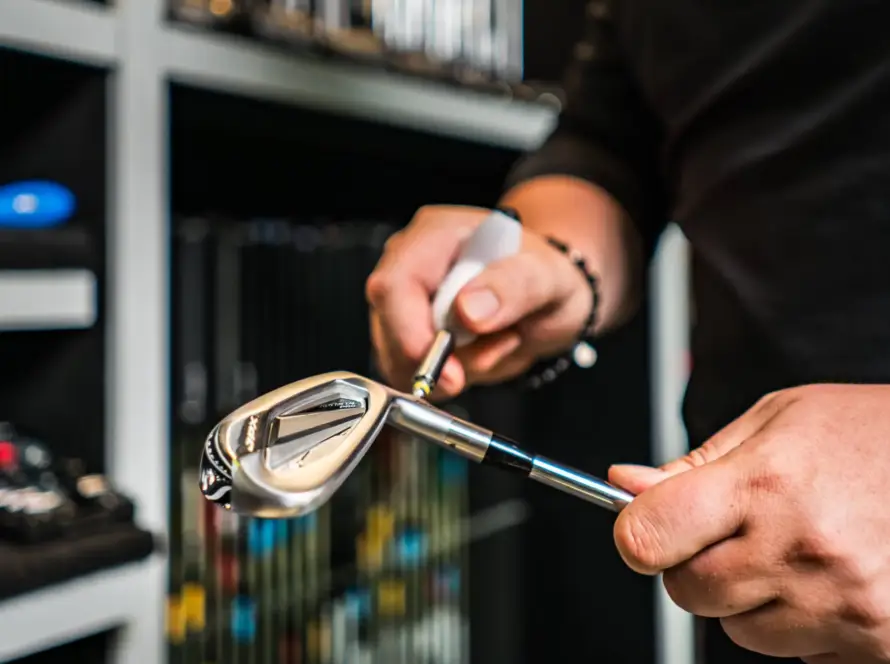 Close-up of PGA Professional adjusting a golf club head during a custom fitting session in Reading