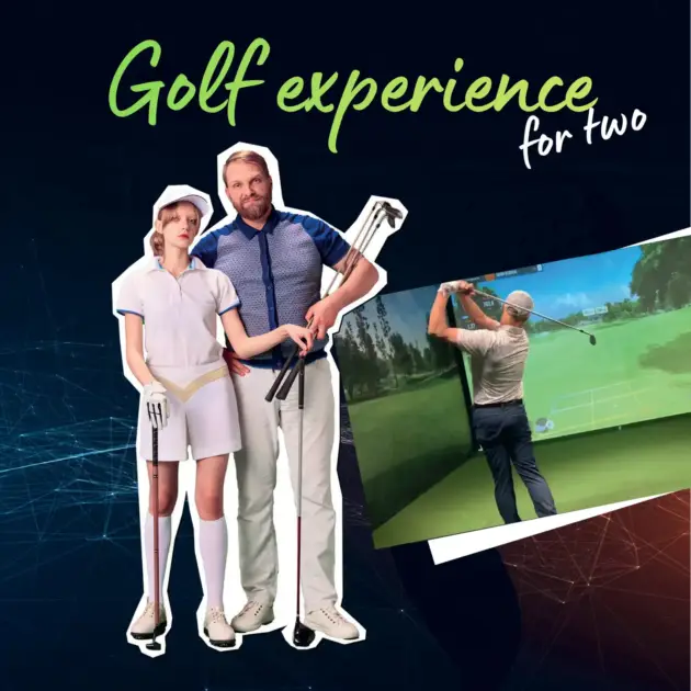 Two golfers enjoying a shared indoor golf lesson and simulator game with Simon McGreal